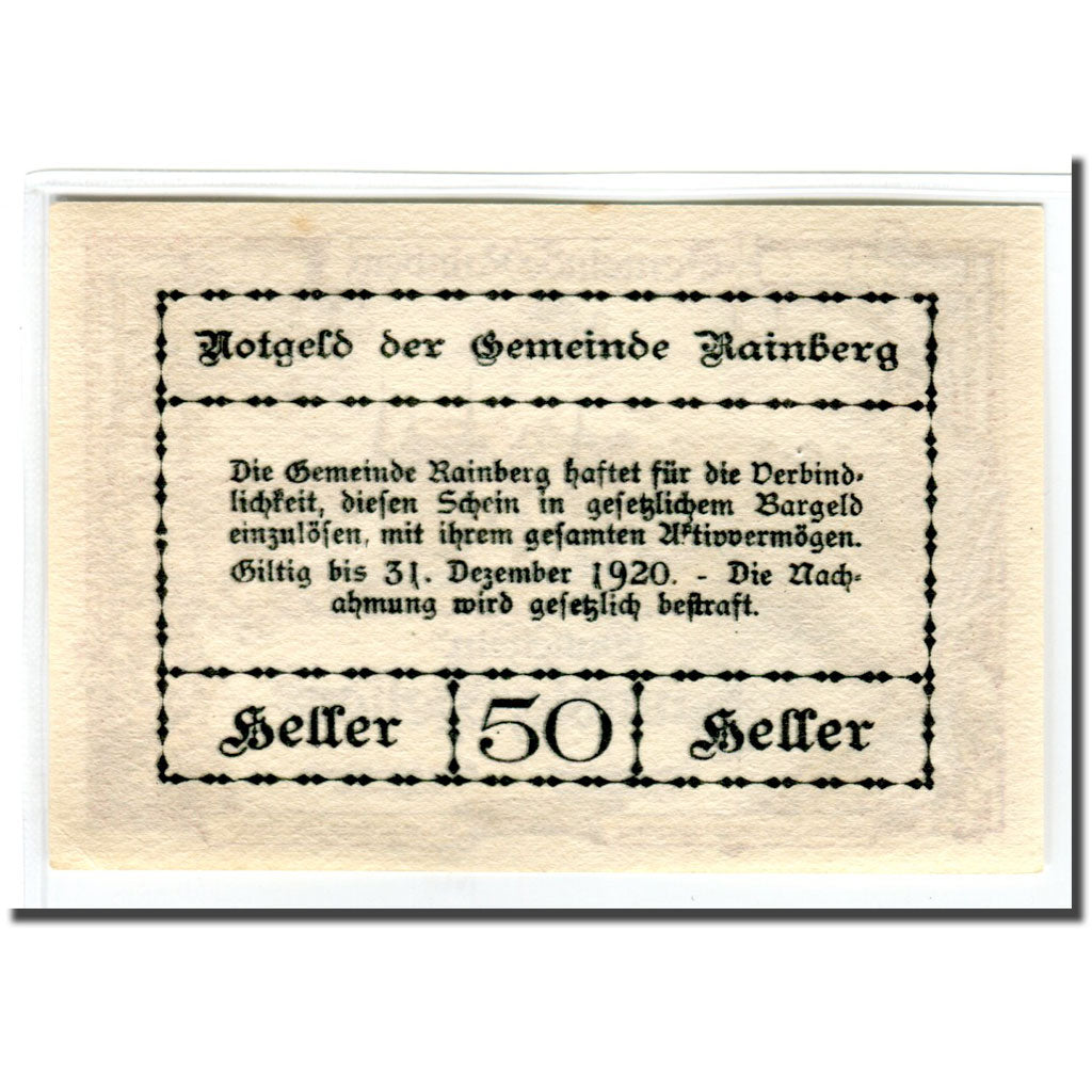 Billete, Austria, Rainberg N.Ö. Gemeinde, 50 Heller, Texte 2, 1920, SC