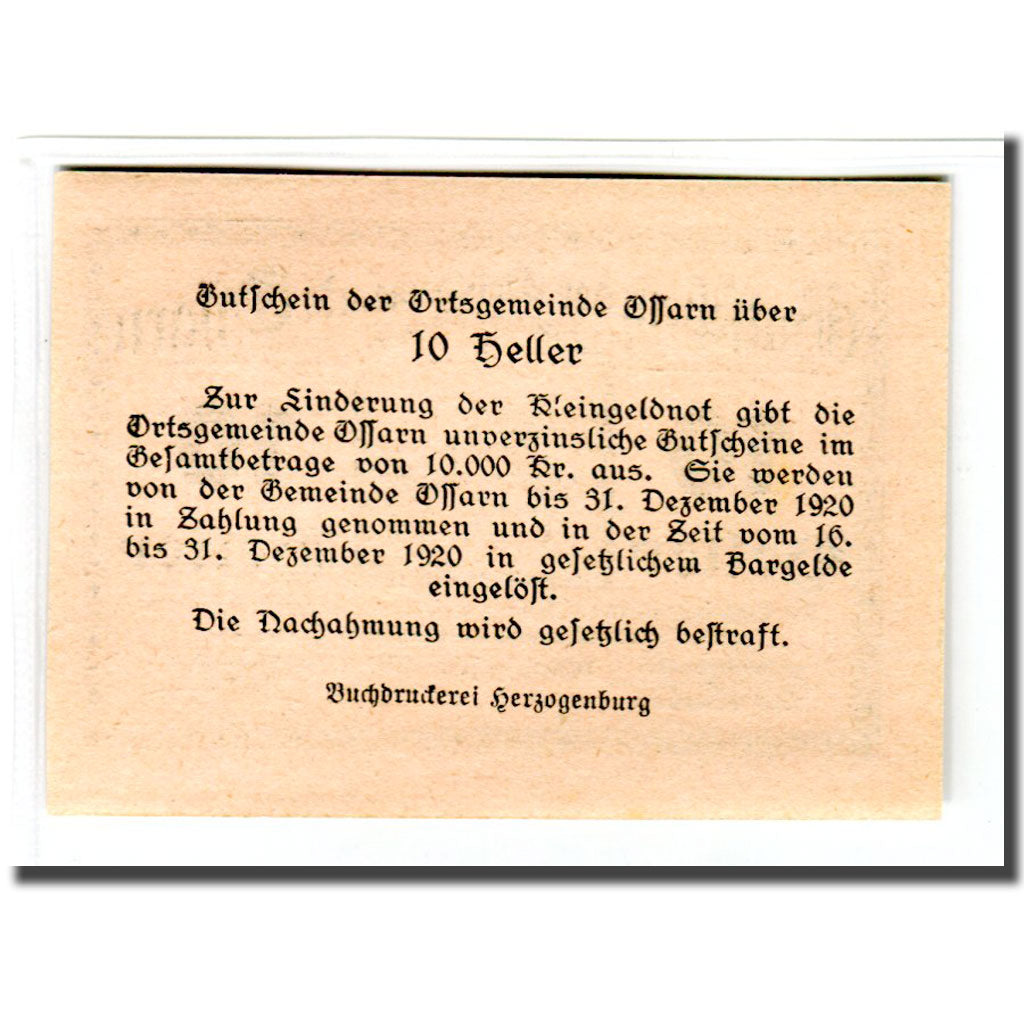 Billet, Autriche, Ossarn, 10 Heller, Texte, 1920, SPL, Mehl:712a2.1