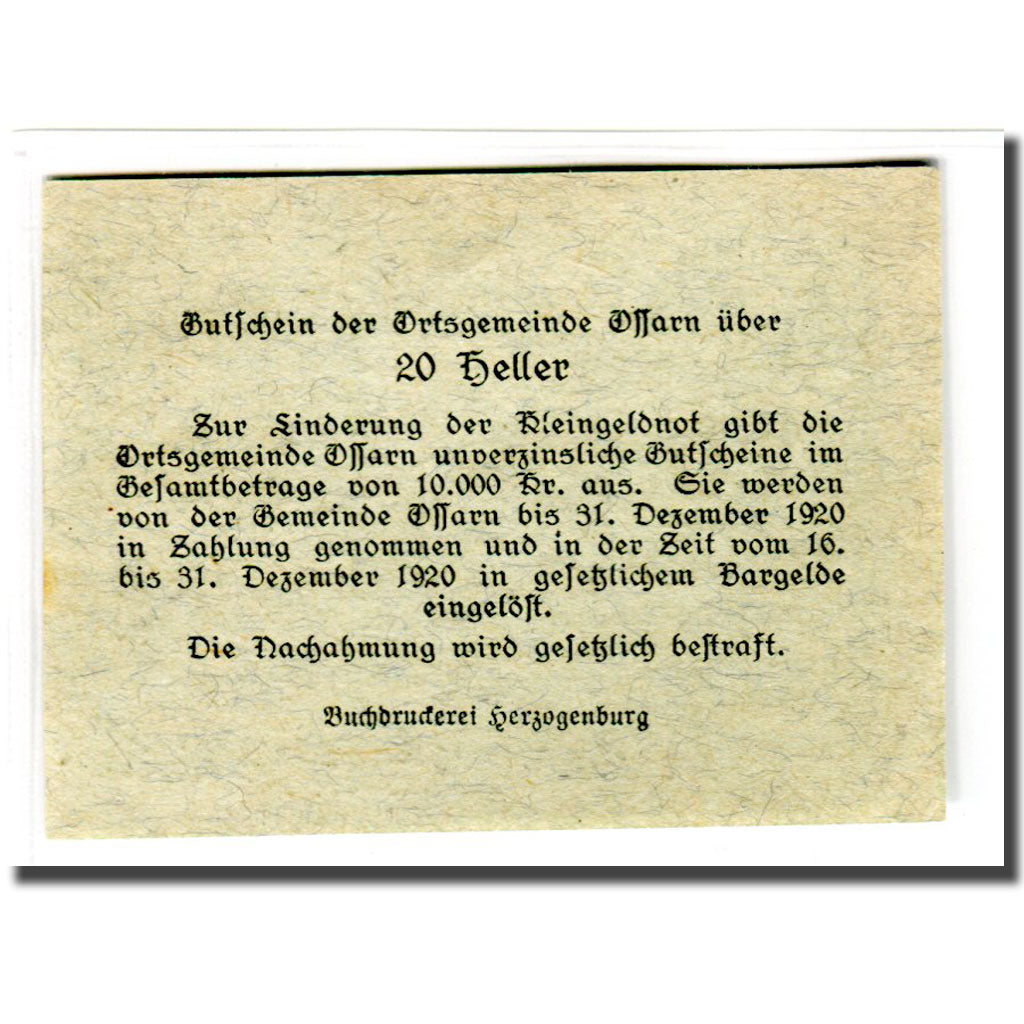 Billete, Austria, Ossarn, 20 Heller, texte 1, 1920, SC, Mehl:712a2.1