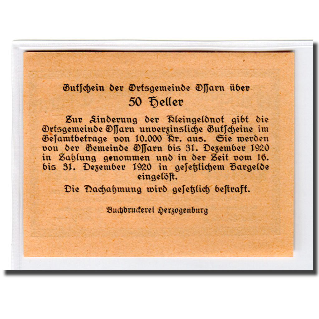 Billete, Austria, Ossarn, 50 Heller, Texte 2, 1920, SC, Mehl:712a2.1