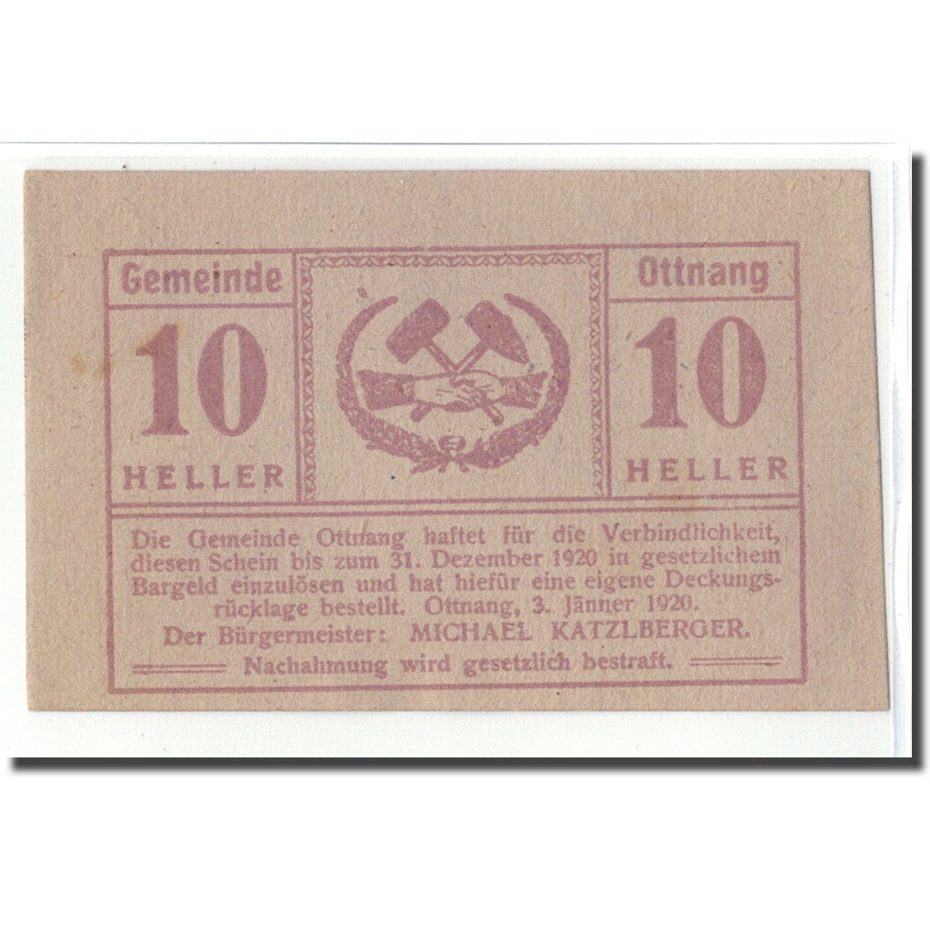 Banconote, Austria, Ottnang, 10 Heller, N.D, 1920, 1920-01-03, SPL, Mehl:718a