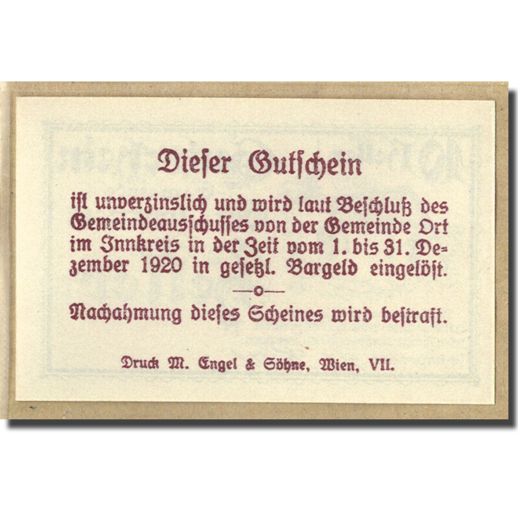 Banknot, Austria, Ort im Innkreis O.Ö. Gemeinde, 10 Heller, Texte, 1920