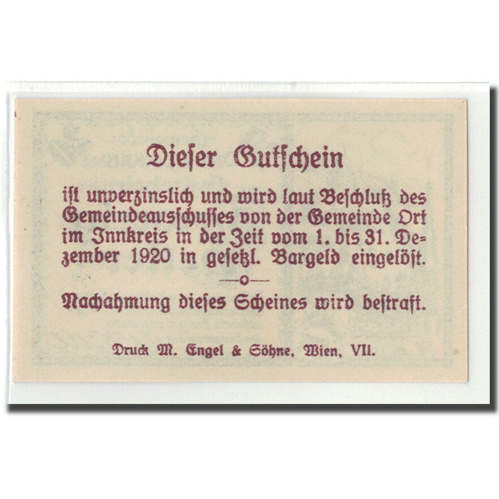 Banknote, Austria, Ort im Innkreis O.Ö. Gemeinde, 20 Heller, texte 1, 1920