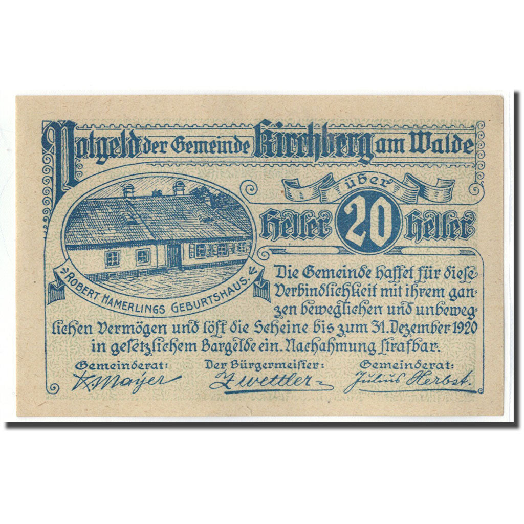 Billete, Austria, Kirchberg Am Walde N.Ö. Gemeinde, 20 Heller, Texte, 1920, SC