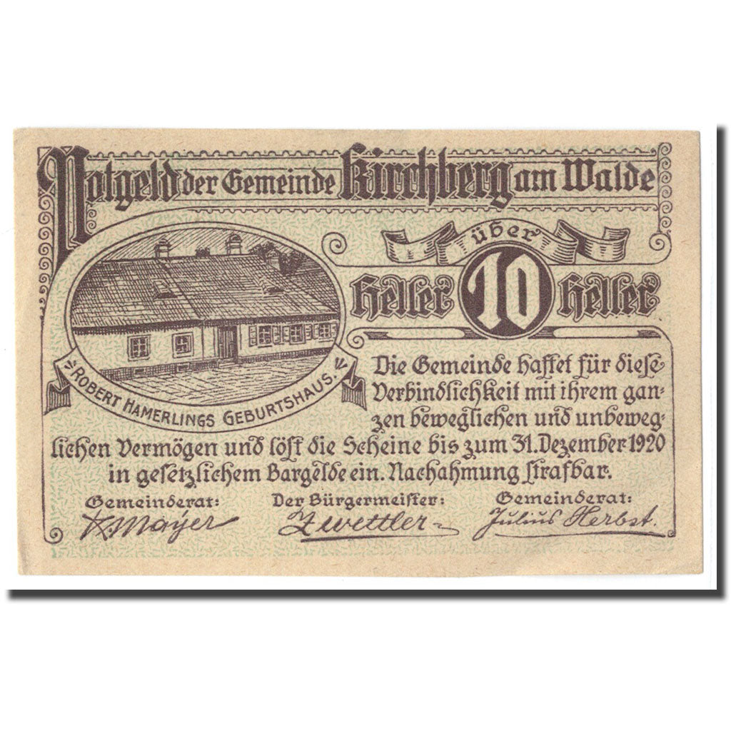 Billete, Austria, Kirchberg Am Walde N.Ö. Gemeinde, 10 Heller, texte 1, 1920