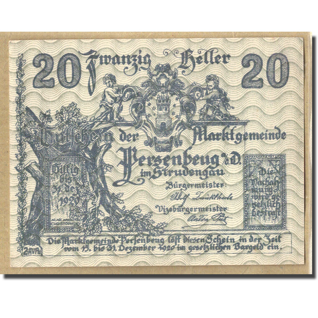 Banknot, Austria, Persenbeug an der donau, 20 Heller, paysage, 1920, Undated