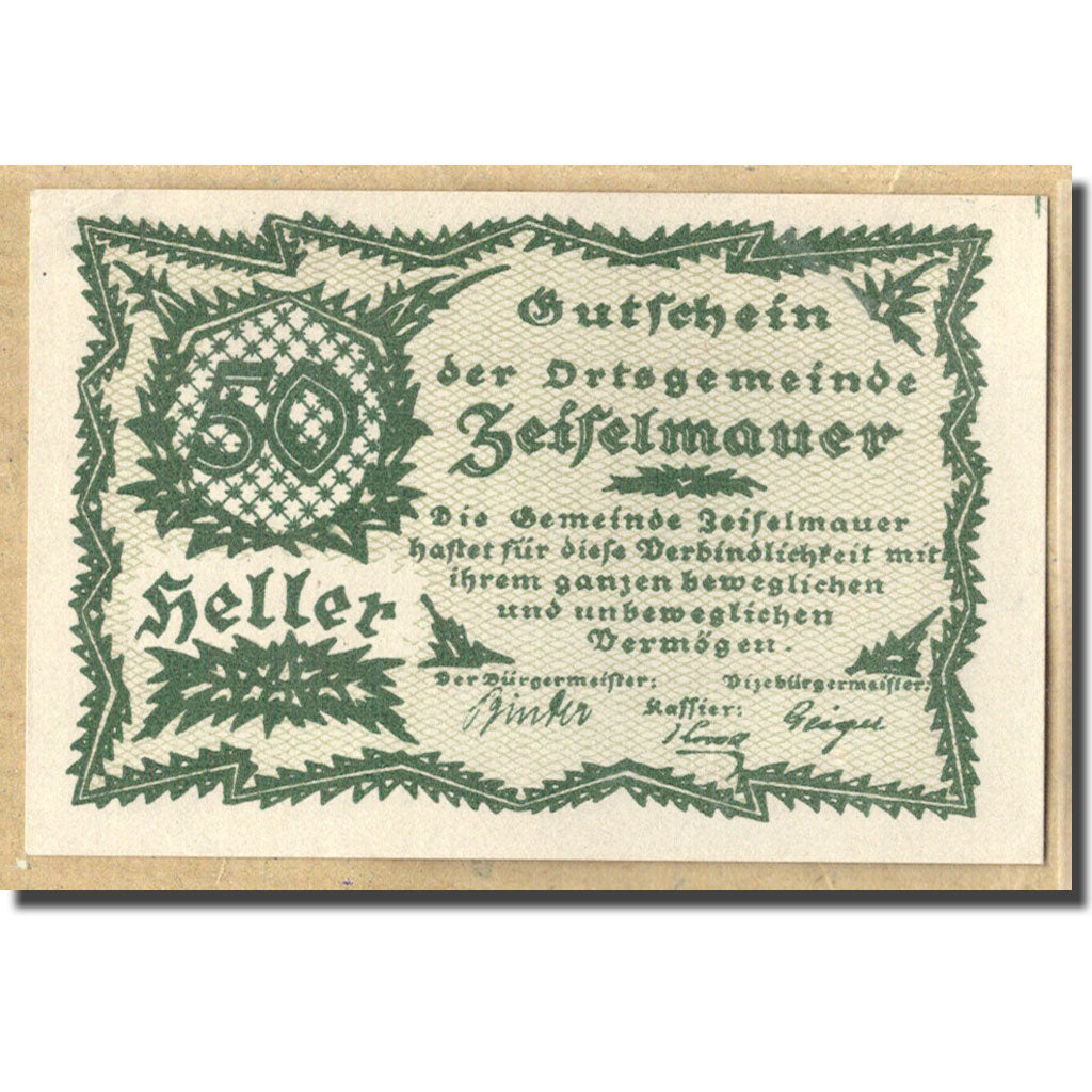 Billete, Austria, Zeiselmauer N.Ö. Ortsgemeinde, 50 Heller, valeur faciale 1