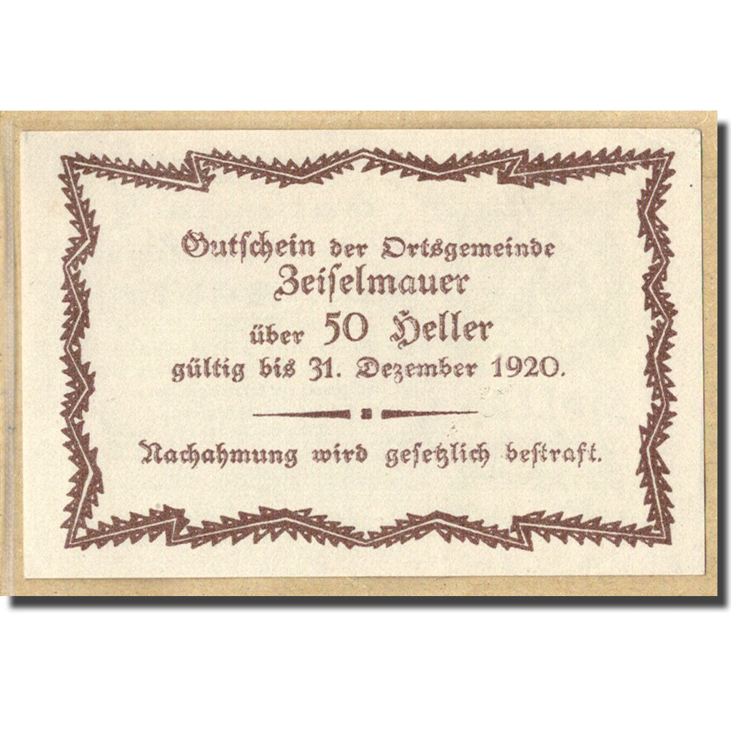 Billete, Austria, Zeiselmauer N.Ö. Ortsgemeinde, 50 Heller, valeur faciale 1