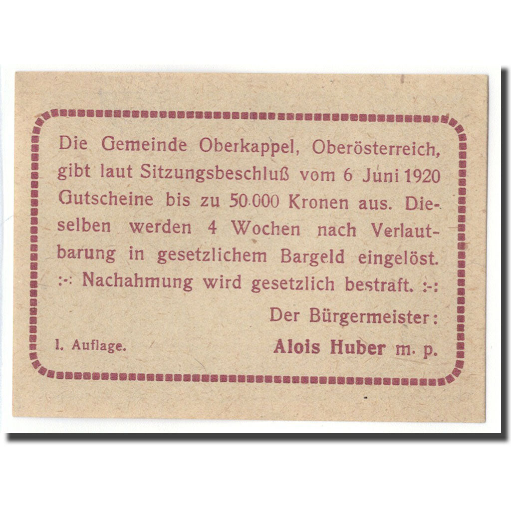 Billete, Austria, Oberkappel O.Ö. Gemeinde, 10 Heller, Texte, 1920, SC