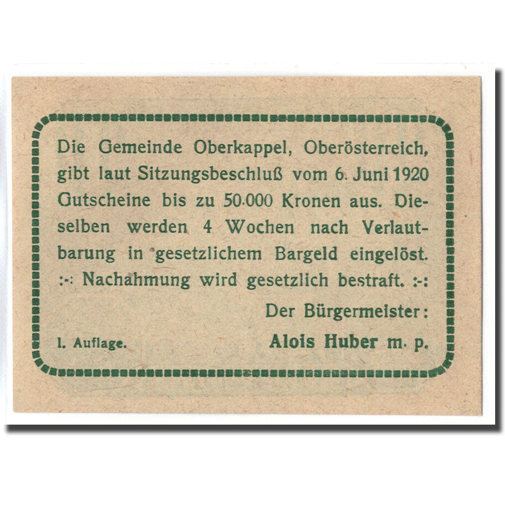 Banknote, Austria, Oberkappel O.Ö. Gemeinde, 20 Heller, texte 1, 1920, UNC(63)