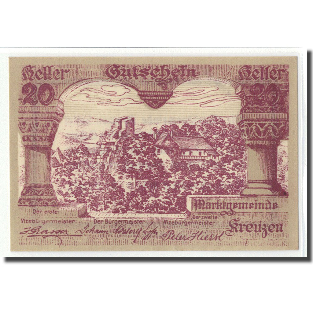 Billete, Austria, Kreuzen, 20 Heller, texte 1, SC, Mehl:479a