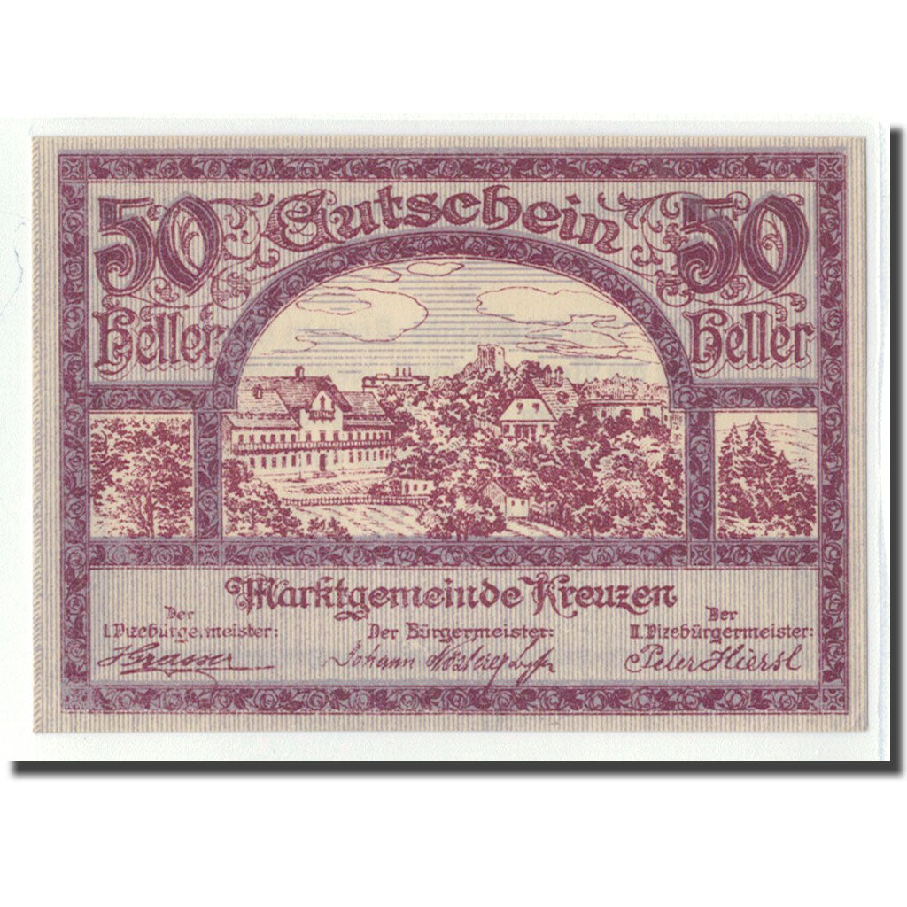 Billete, Austria, Kreuzen, 50 Heller, Texte 2, SC, Mehl:479a