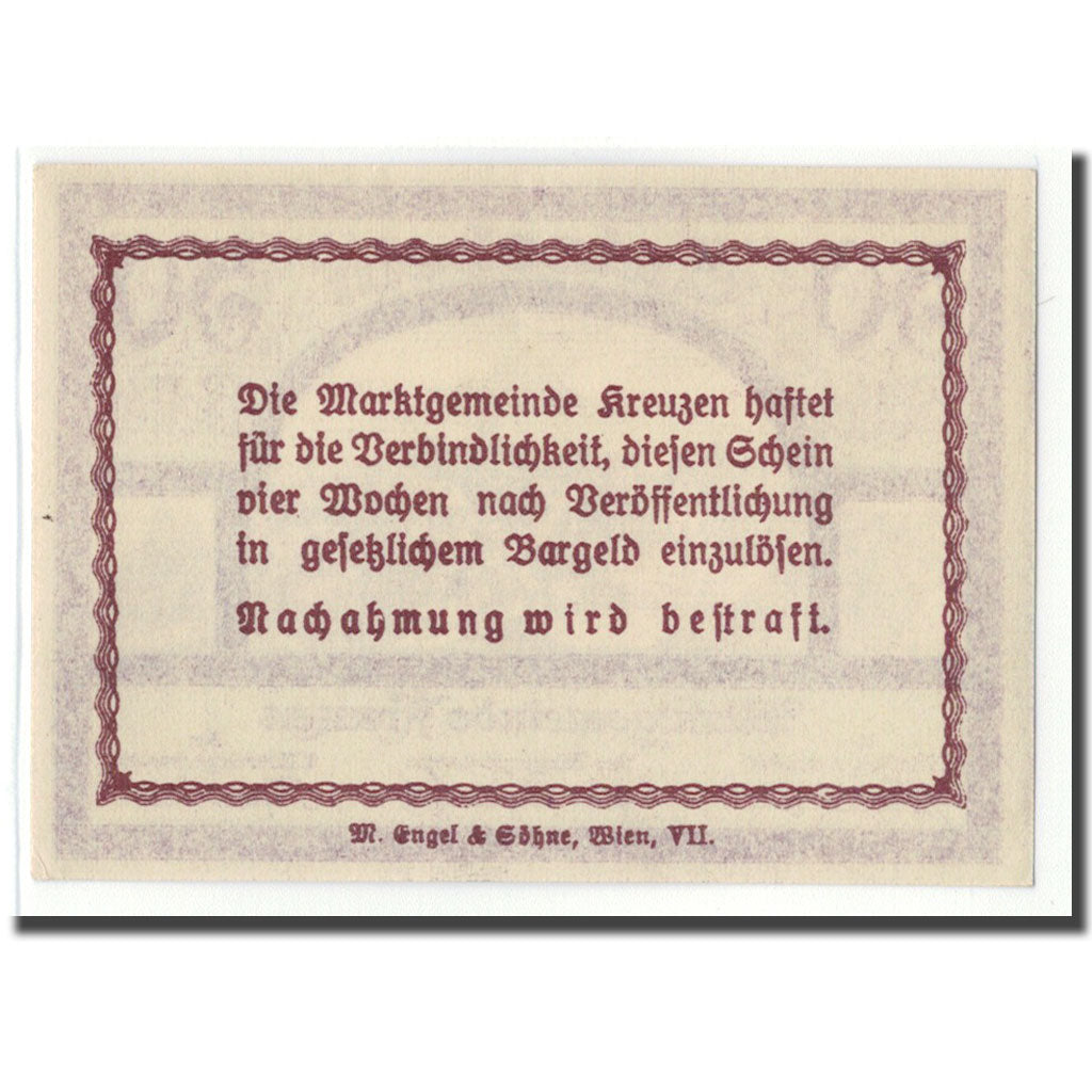 Billete, Austria, Kreuzen, 50 Heller, Texte 2, SC, Mehl:479a