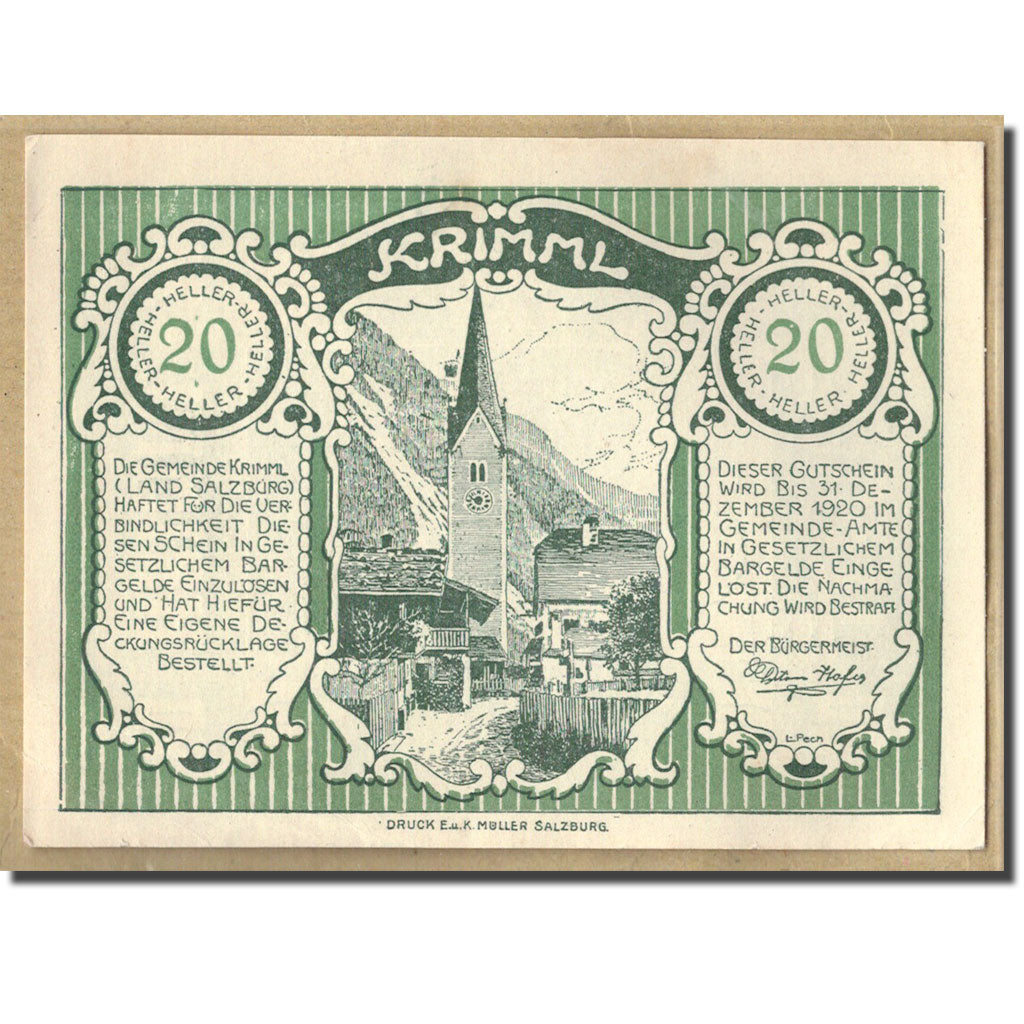 Billet, Autriche, Krimml Sbg. Gemeinde, 20 Heller, paysage, 1920, SPL, Mehl:483c