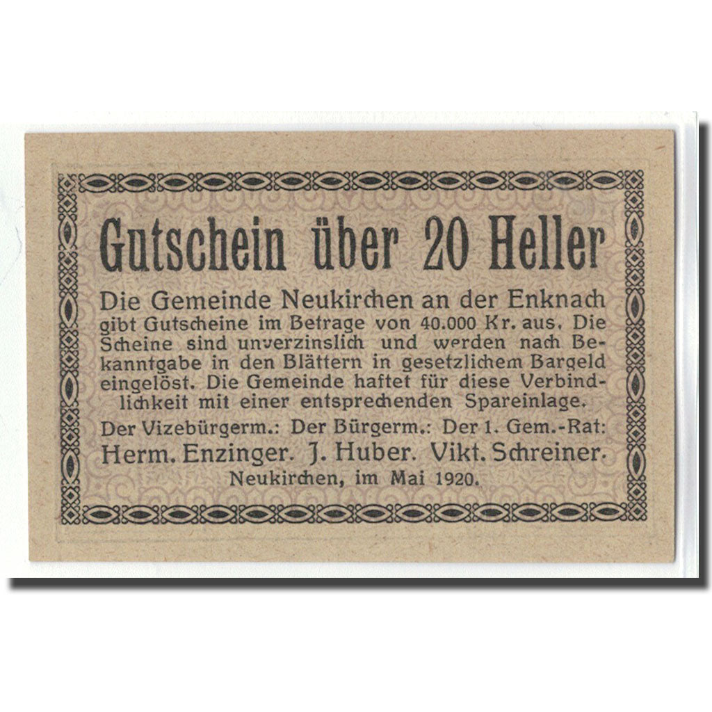 Billet, Autriche, Neukirchen an der Enknach O.Ö. Gemeinde, 20 Heller, village