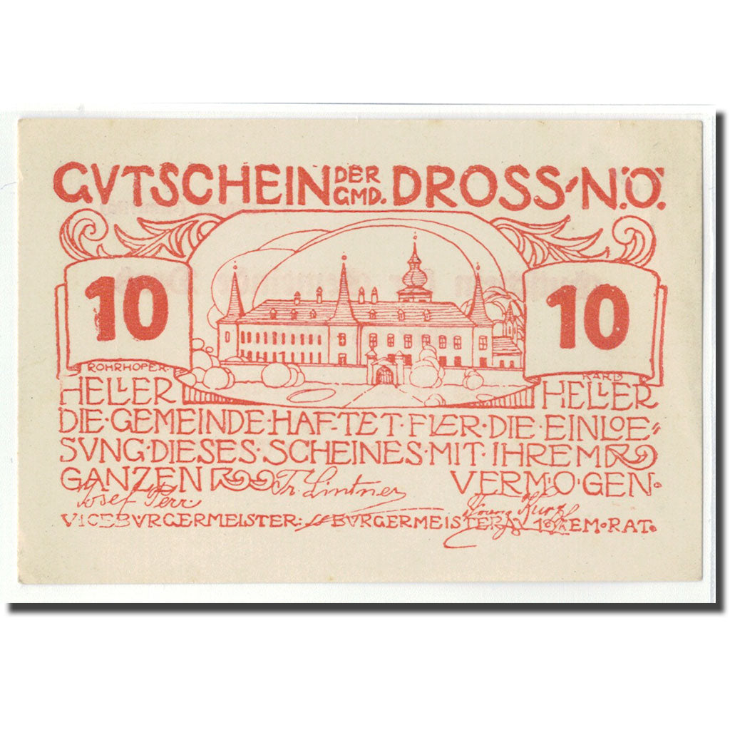 Billet, Autriche, Dross N.Ö. Gemeinde, 10 Heller, Texte, 1920, SPL, Mehl:135.7