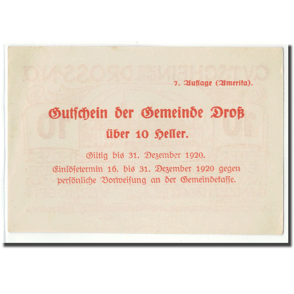 Billet, Autriche, Dross N.Ö. Gemeinde, 10 Heller, Texte, 1920, SPL, Mehl:135.7