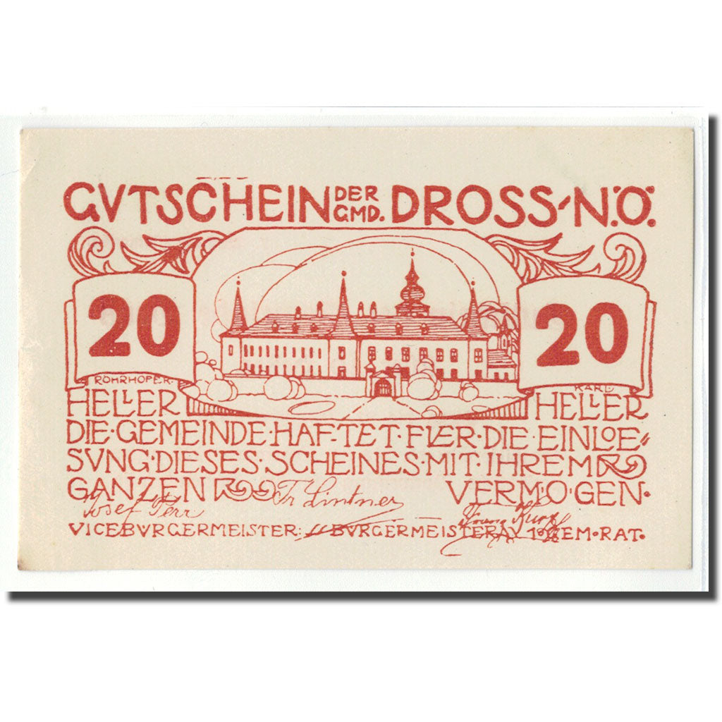 Billet, Autriche, Dross N.Ö. Gemeinde, 20 Heller, texte 1, 1920, SPL
