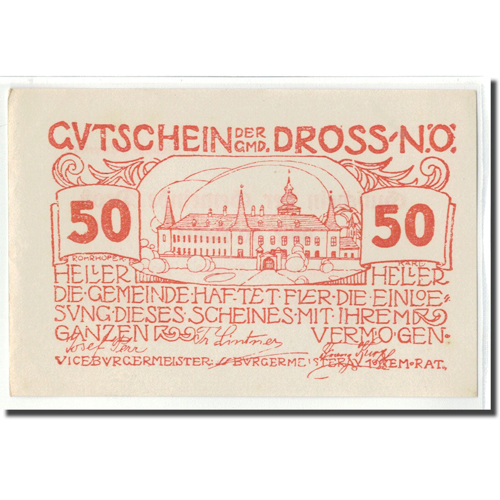 Billete, Austria, Dross N.Ö. Gemeinde, 50 Heller, Texte 2, 1920, SC, Mehl:135.7