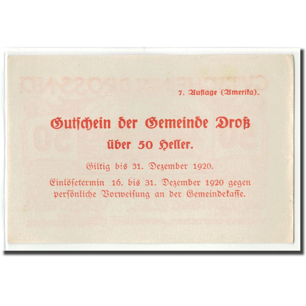 Billete, Austria, Dross N.Ö. Gemeinde, 50 Heller, Texte 2, 1920, SC, Mehl:135.7