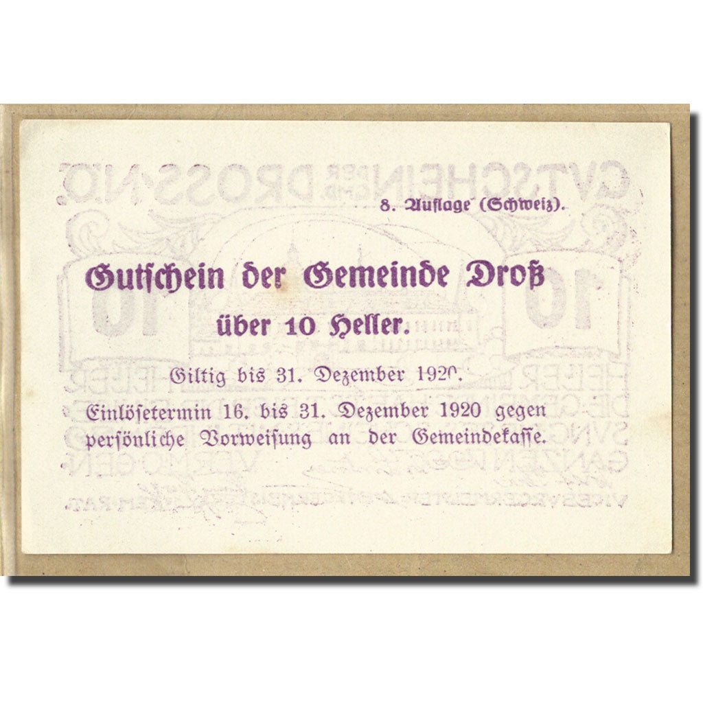 Billet, Autriche, Dross N.Ö. Gemeinde, 10 Heller, Texte 3, 1920, SPL
