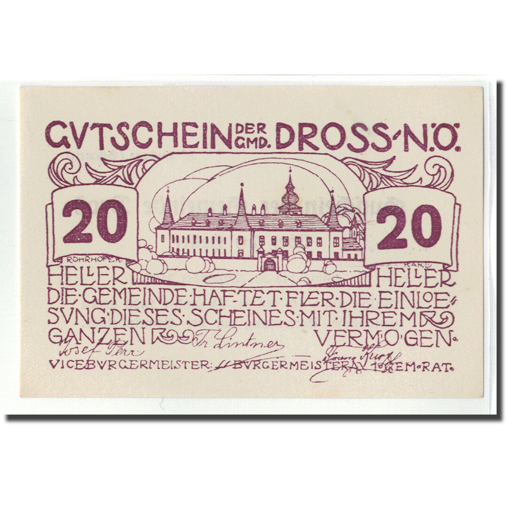 Billete, Austria, Dross N.Ö. Gemeinde, 20 Heller, Texte 4, 1920, SC, Mehl:135.8