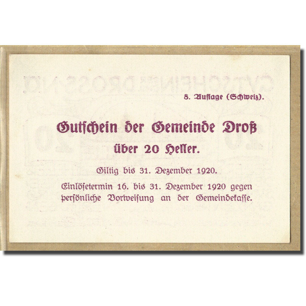 Billete, Austria, Dross N.Ö. Gemeinde, 20 Heller, Texte 4, 1920, SC, Mehl:135.8