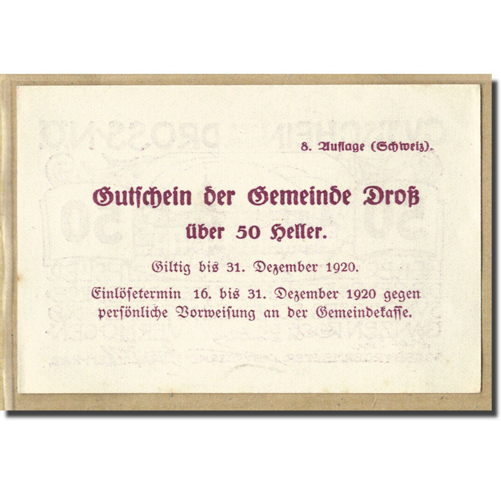 Billete, Austria, Dross N.Ö. Gemeinde, 50 Heller, Texte  5, 1920, SC