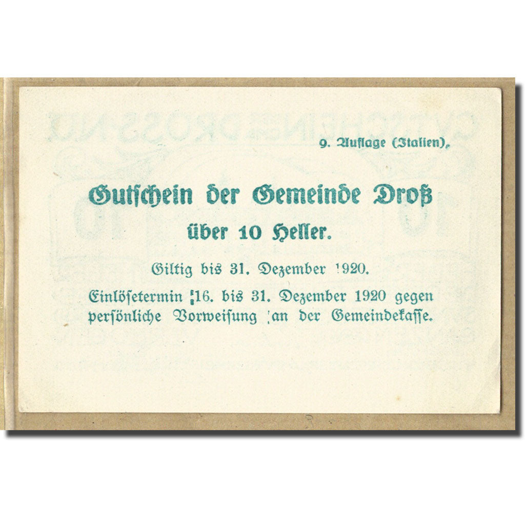 Banconote, Austria, Dross N.Ö. Gemeinde, 10 Heller, Texte 6, 1920, SPL