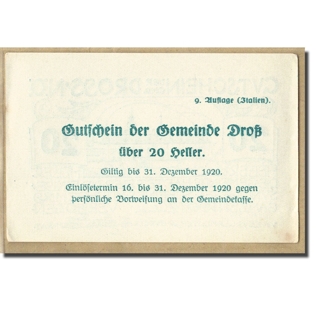 Banconote, Austria, Dross N.Ö. Gemeinde, 20 Heller, Texte 7, 1920, SPL