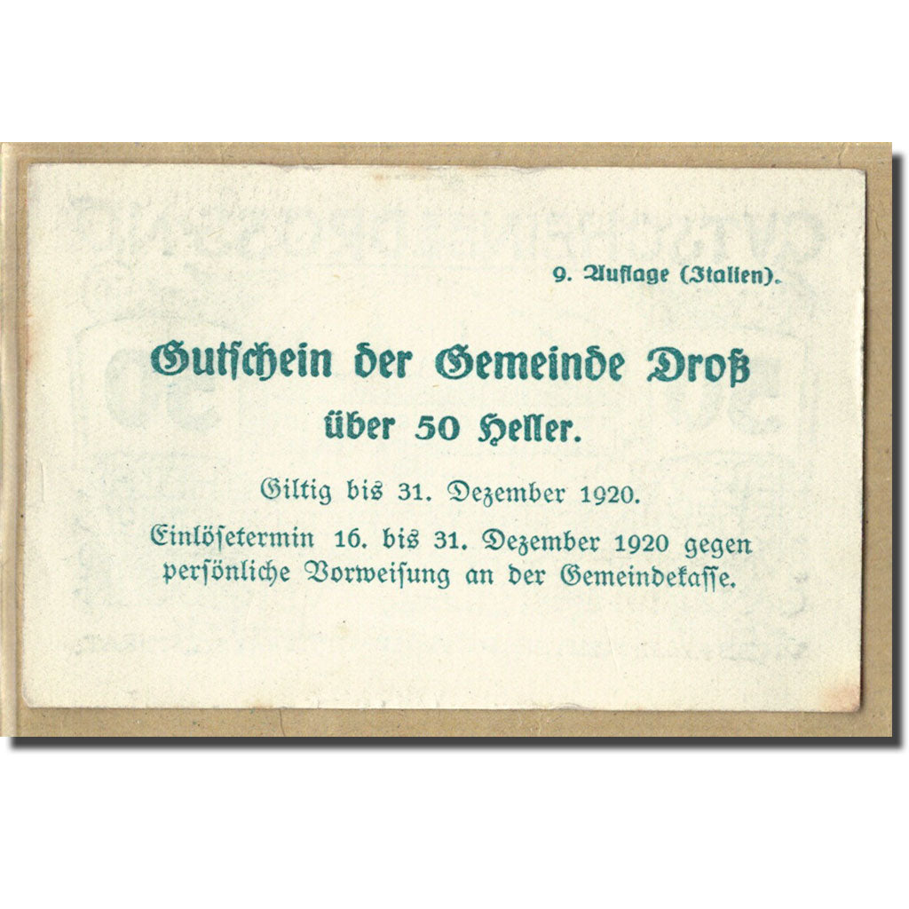 Banknot, Austria, Dross N.Ö. Gemeinde, 50 Heller, Texte 8, 1920, Undated