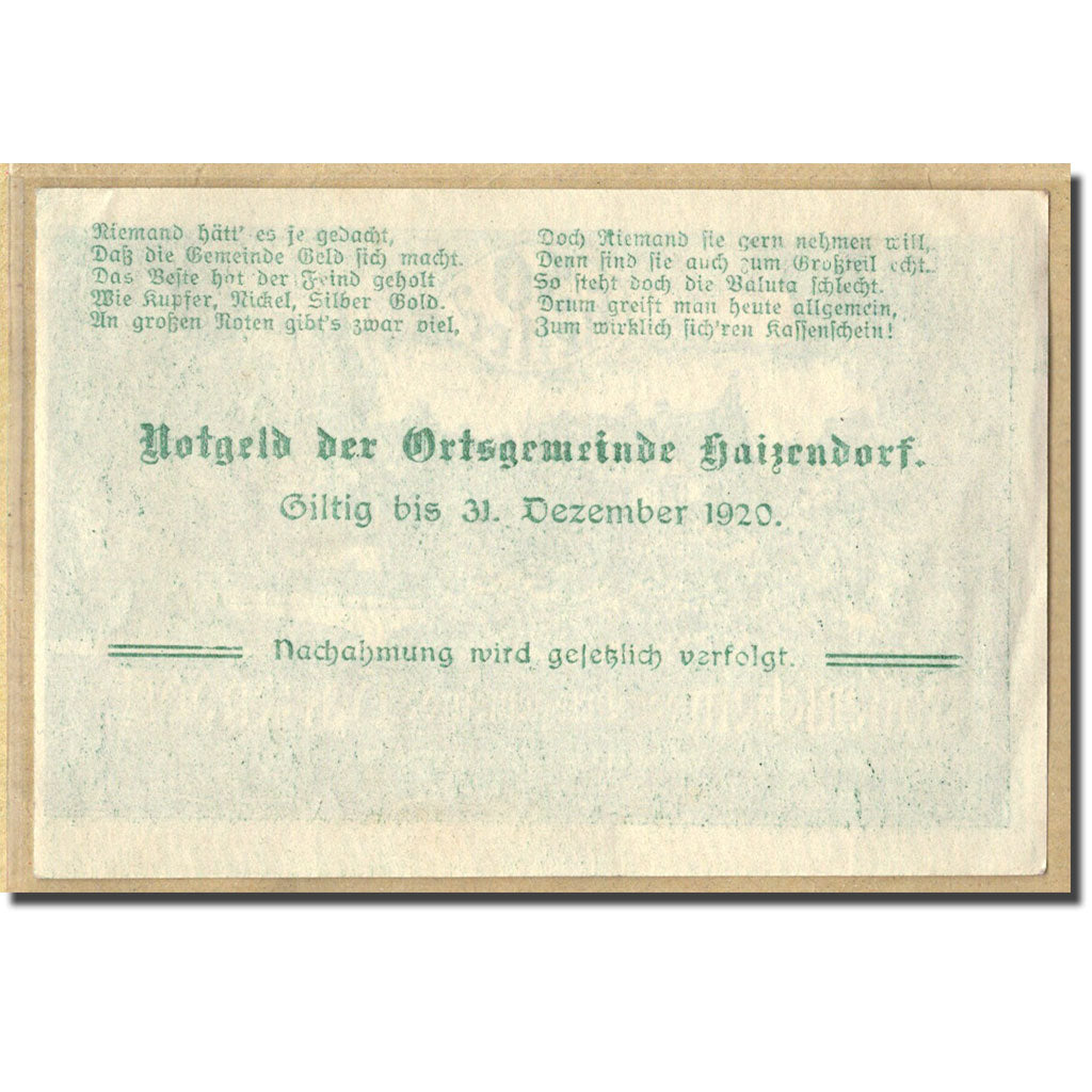 Billete, Austria, Haizendorf N.Ö. Ortsgemeinde, 50 Heller, Texte, 1920, SC