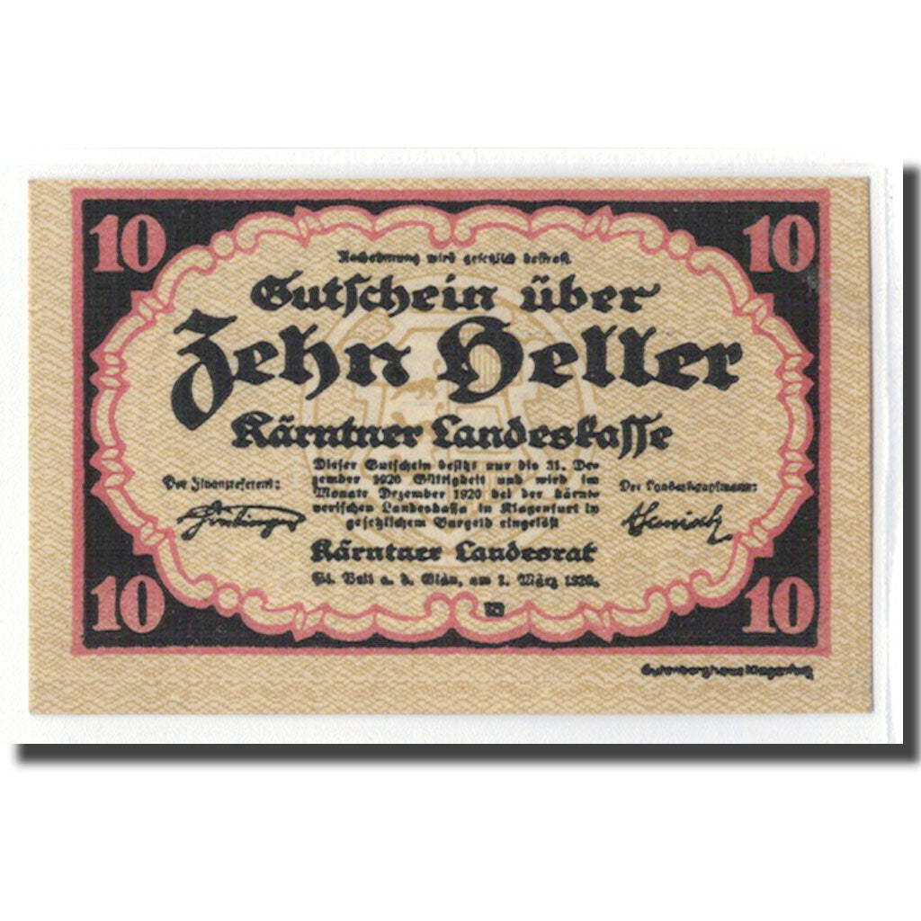 Billete, Austria, Kärntner Landeskasse Kärnten Land, 10 Heller, valeur