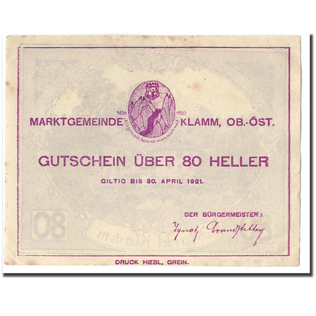 Billet, Autriche, Klamm, 80 Heller, valeur faciale, 1921, SPL, Mehl:453a