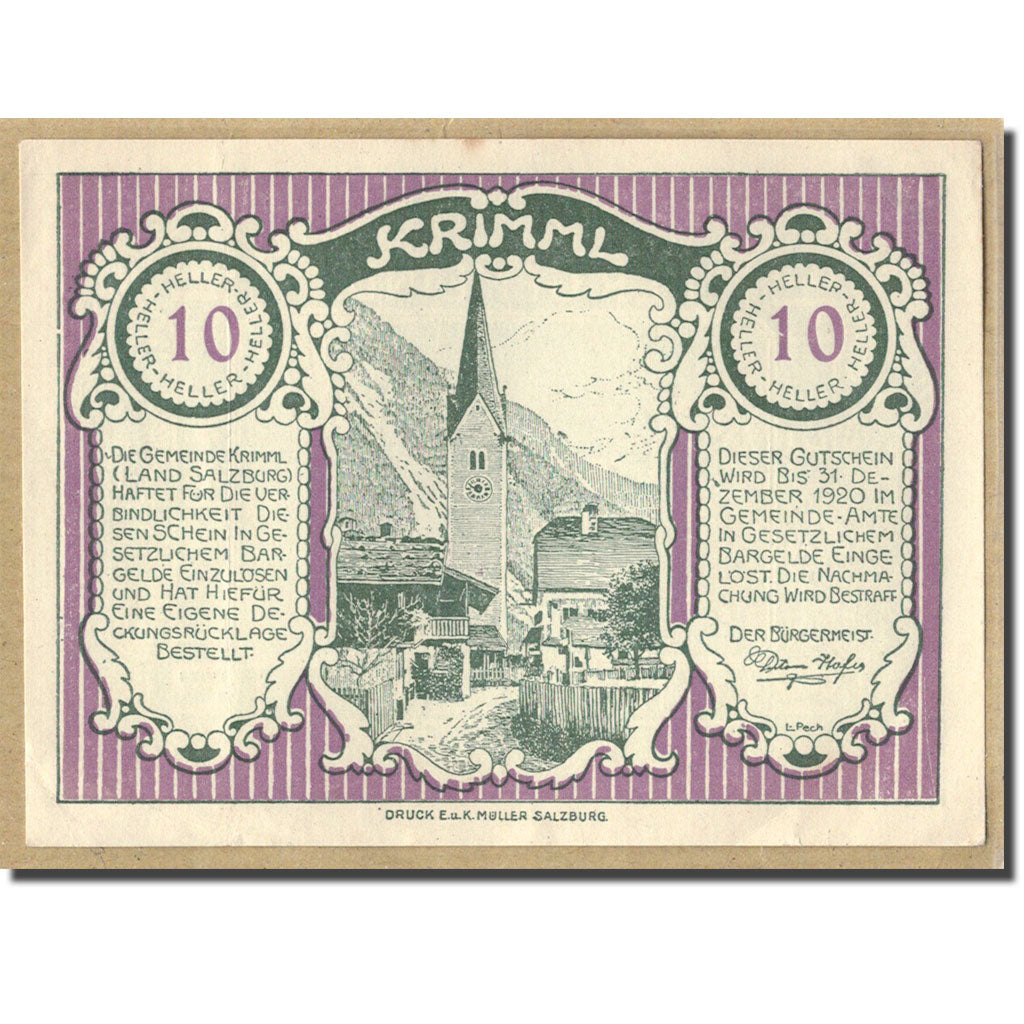 Banknote, Austria, Krimml Sbg. Gemeinde, 10 Heller, paysage, 1920, UNC(63)