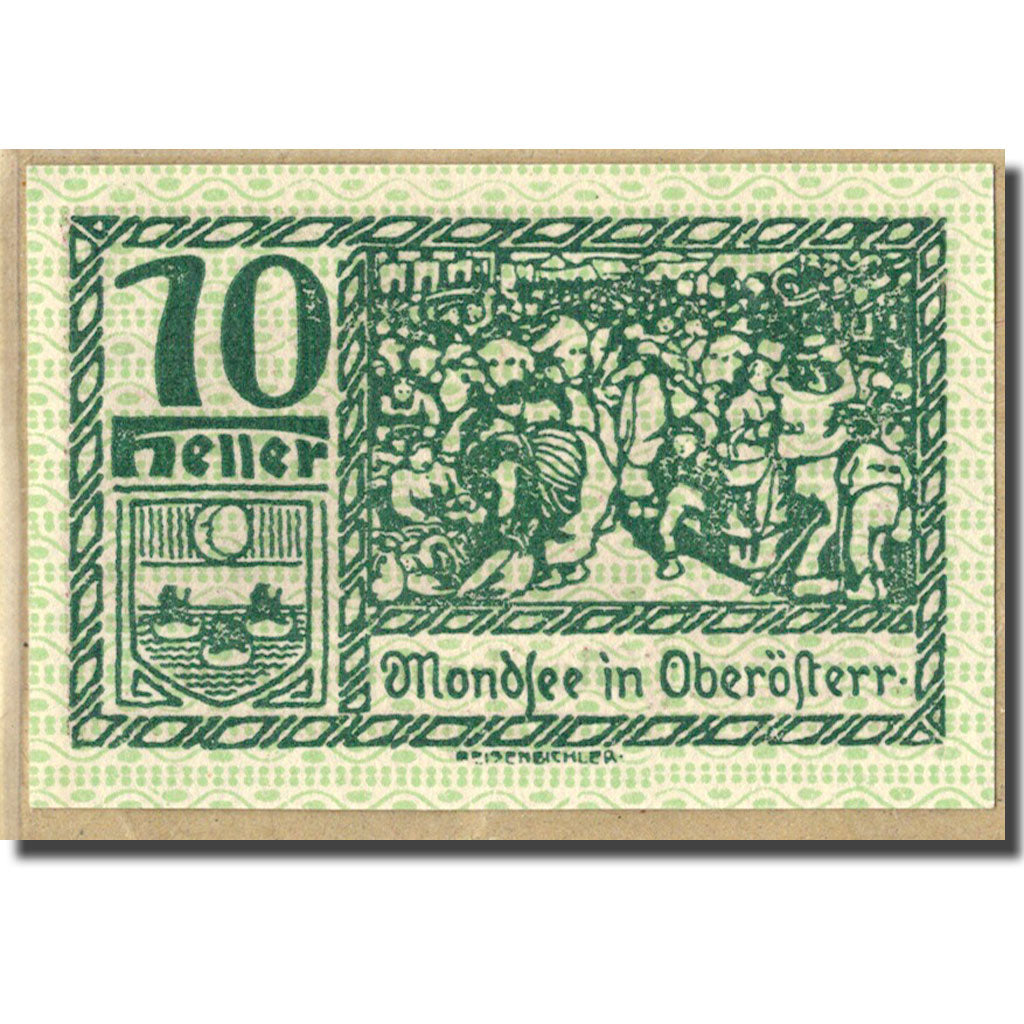 Banconote, Austria, Mondsee O.Ö. Marktgemeinde, 10 Heller, personnage, 1920