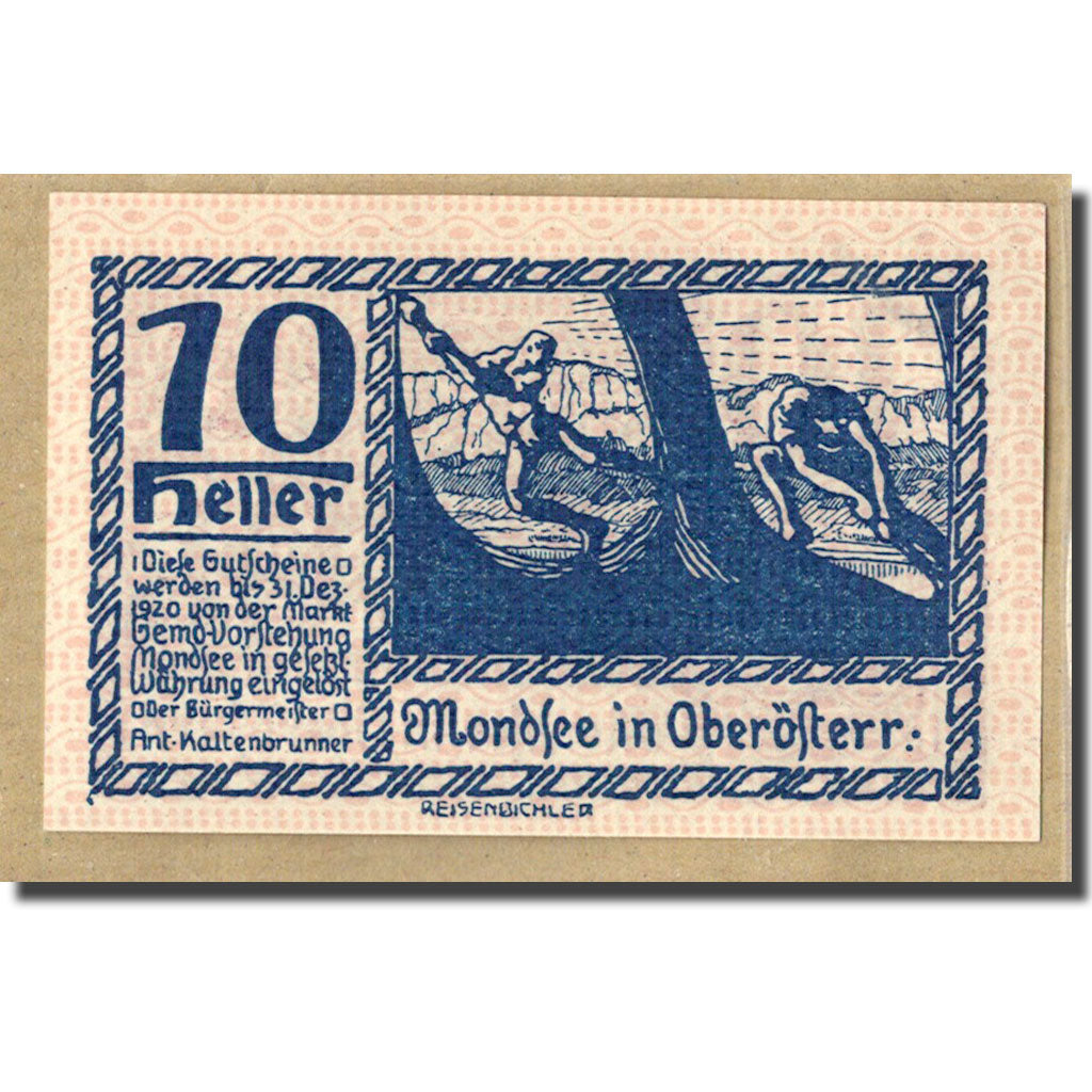 Banconote, Austria, Mondsee O.Ö. Marktgemeinde, 10 Heller, personnage 1, 1920