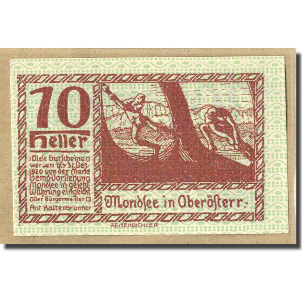 Banconote, Austria, Mondsee O.Ö. Marktgemeinde, 10 Heller, personnage 2, 1920