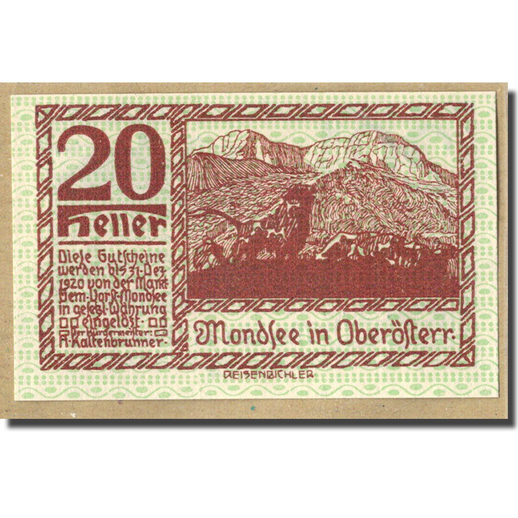 Billet, Autriche, Mondsee O.Ö. Marktgemeinde, 20 Heller, personnage 3, 1920
