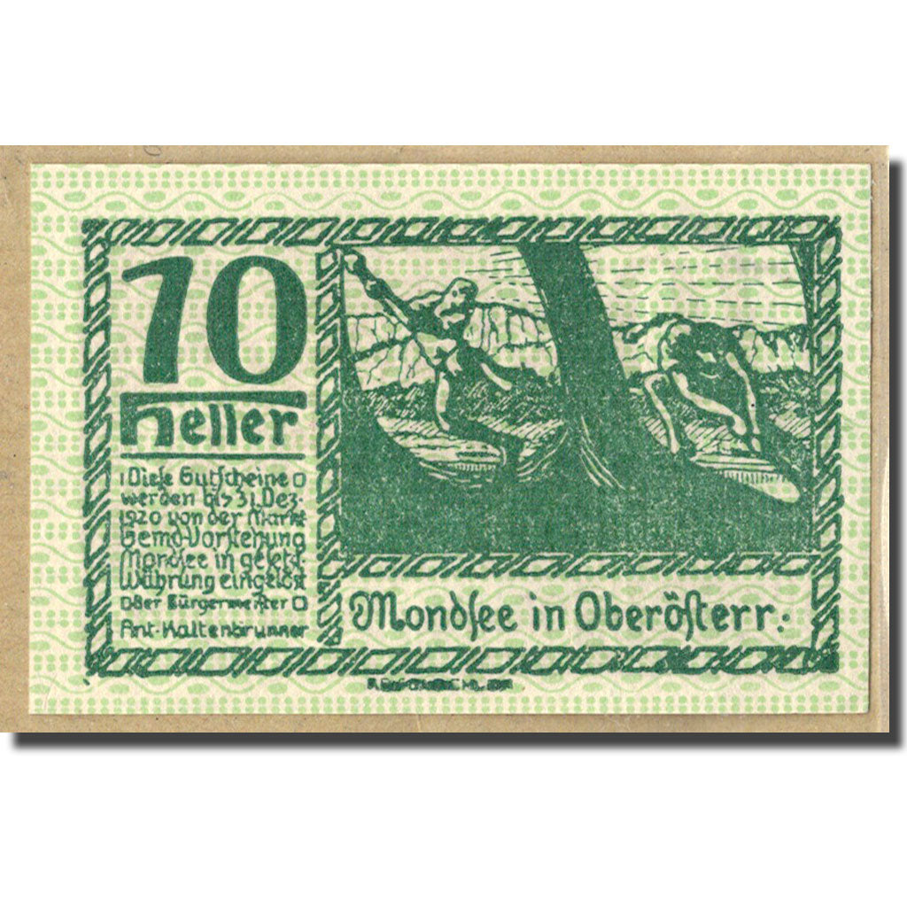 Billet, Autriche, Mondsee O.Ö. Marktgemeinde, 10 Heller, personnage 4, 1920
