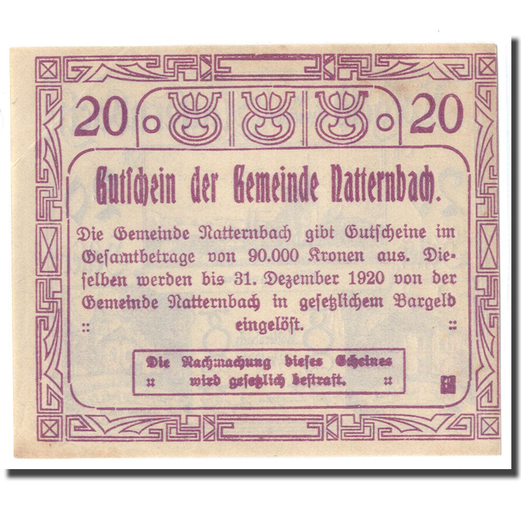 Banconote, Austria, Natternbach O.Ö. Gemeinde, 20 Heller, Batiment, 1920