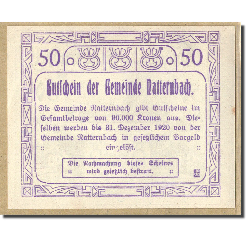 Banconote, Austria, Natternbach O.Ö. Gemeinde, 50 Heller, batiment 2, 1920