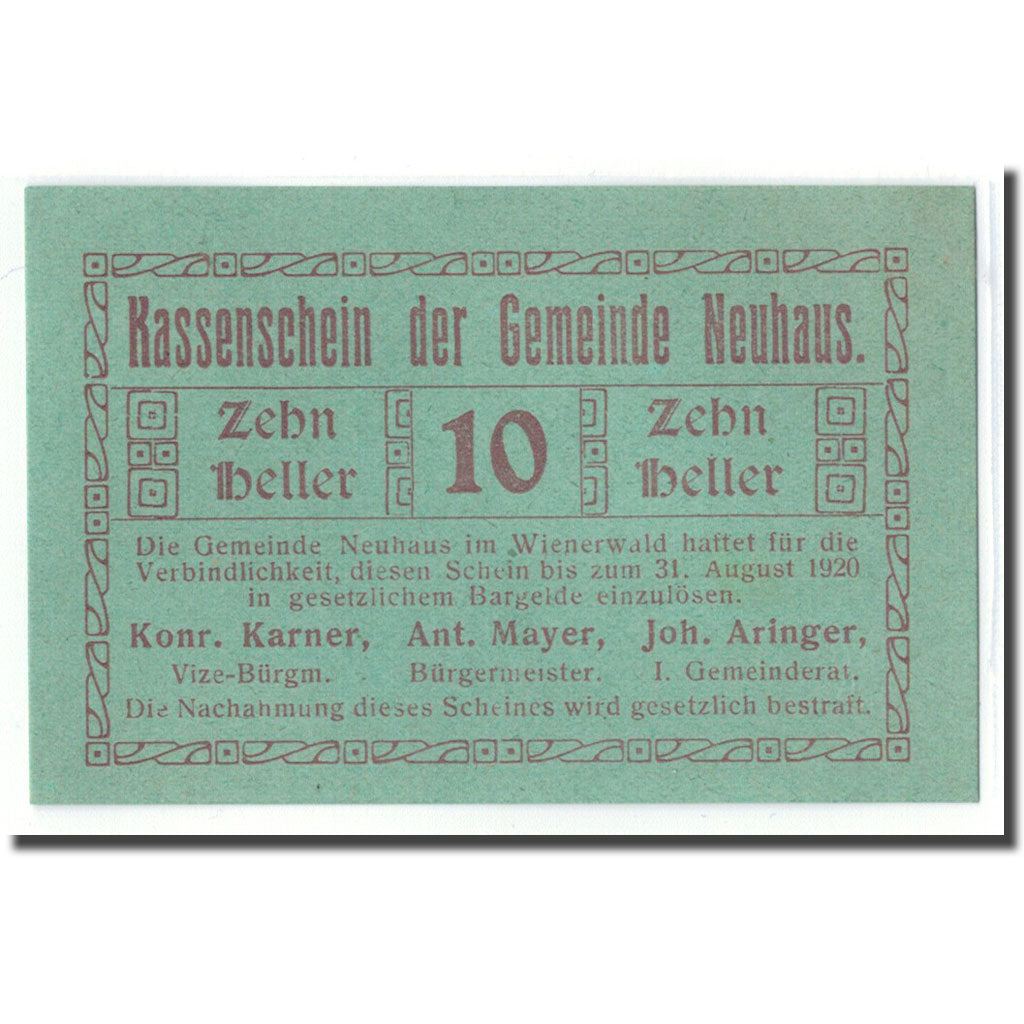 Banconote, Austria, Neuhaus N.Ö. Gemeinde, 10 Heller, N.D, 1920, SPL, Mehl:646a