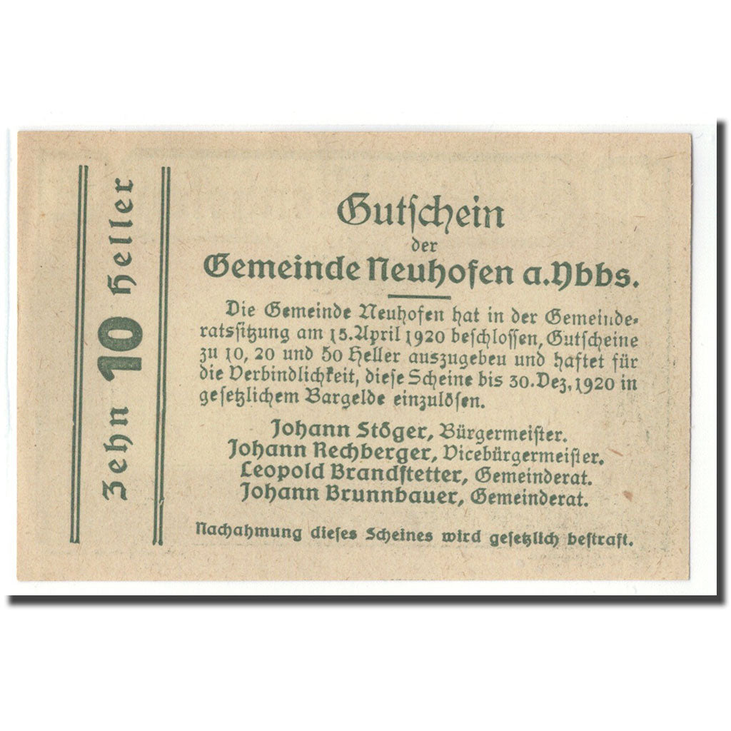 Banconote, Austria, Neuhofen a.d Ybbs, 10 Heller, Texte, 1920, 1920-04-15, SPL