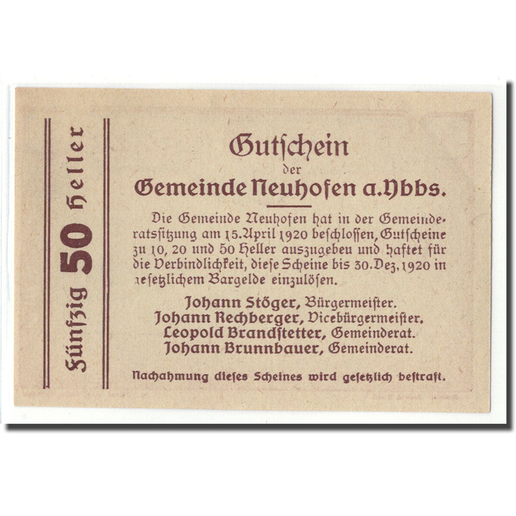 Billet, Autriche, Neuhofen a.d Ybbs, 50 Heller, texte 1, 1920, 1920-04-15, SPL