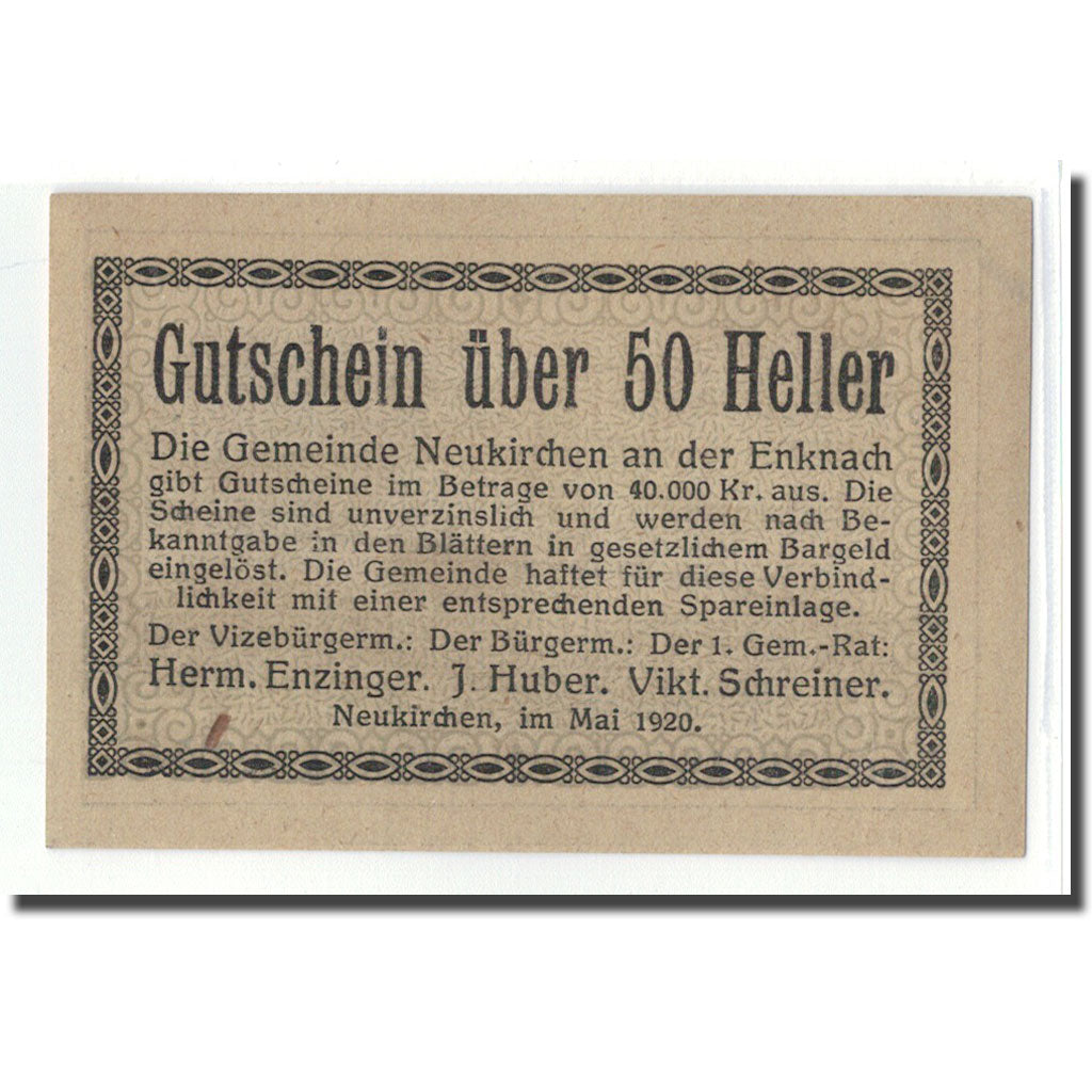 Billet, Autriche, Neukirchen an der Enknach O.Ö. Gemeinde, 50 Heller, paysage