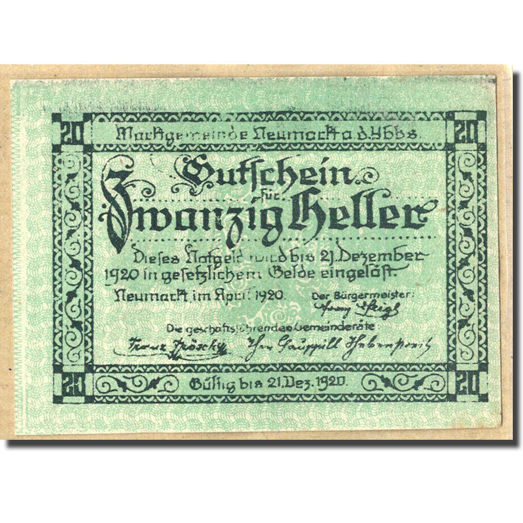 Billet, Autriche, Neumarkt an der Ybbs N.Ö. Marktgemeinde, 20 Heller, Village