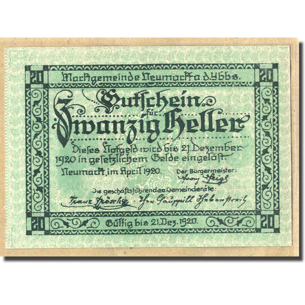 Billet, Autriche, Neumarkt an der Ybbs N.Ö. Marktgemeinde, 20 Heller, Village