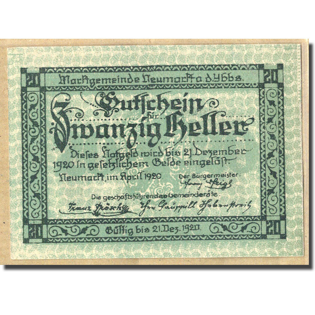 Billet, Autriche, Neumarkt an der Ybbs N.Ö. Marktgemeinde, 20 Heller, Village