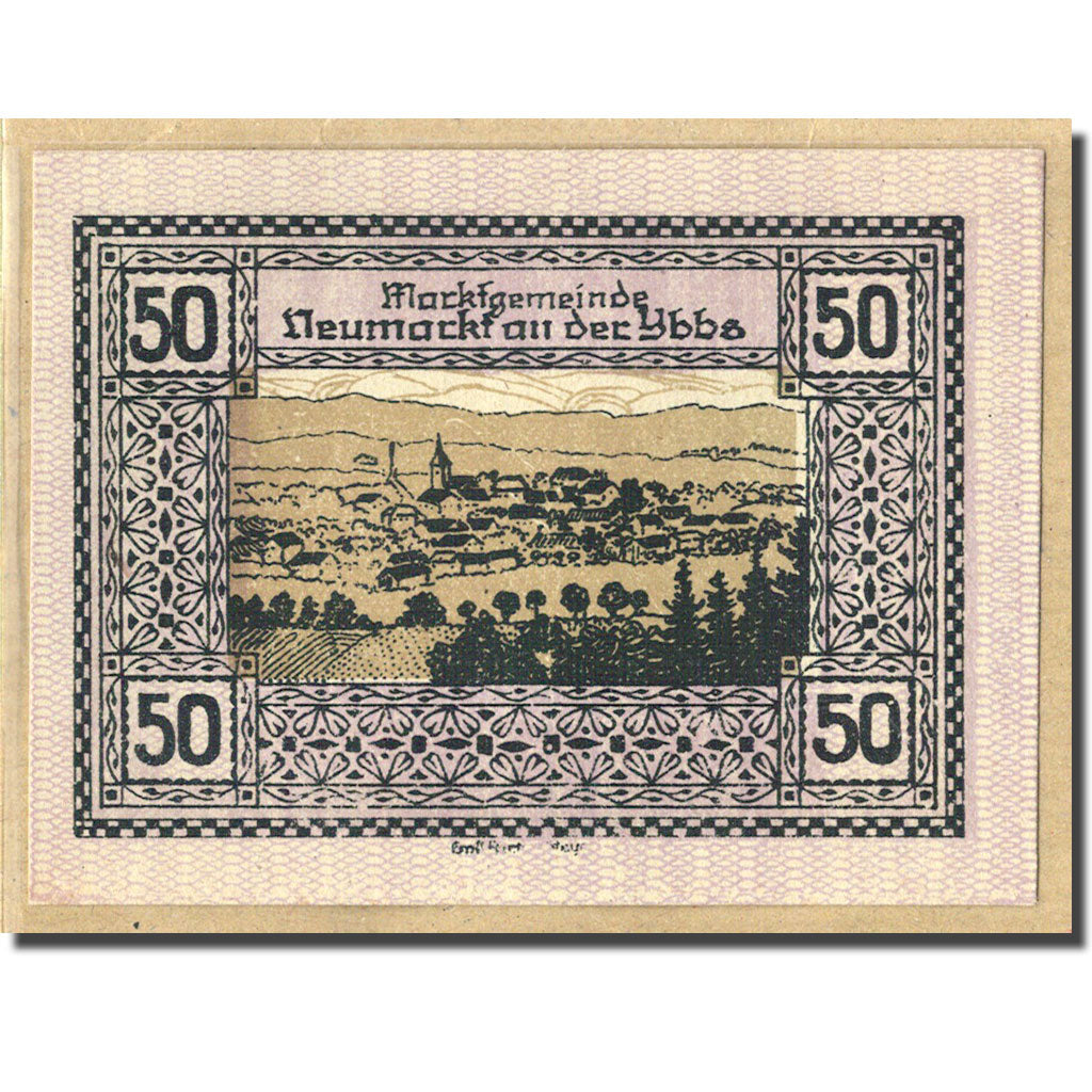 Billet, Autriche, Neumarkt an der Ybbs N.Ö. Marktgemeinde, 50 Heller, Village